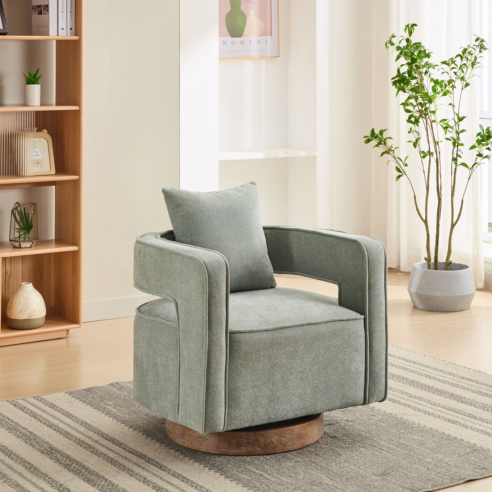 Swivel Accent Chair Linen Blend - Weathered Base in sage green with open arm design, ideal for modern living rooms or nurseries.