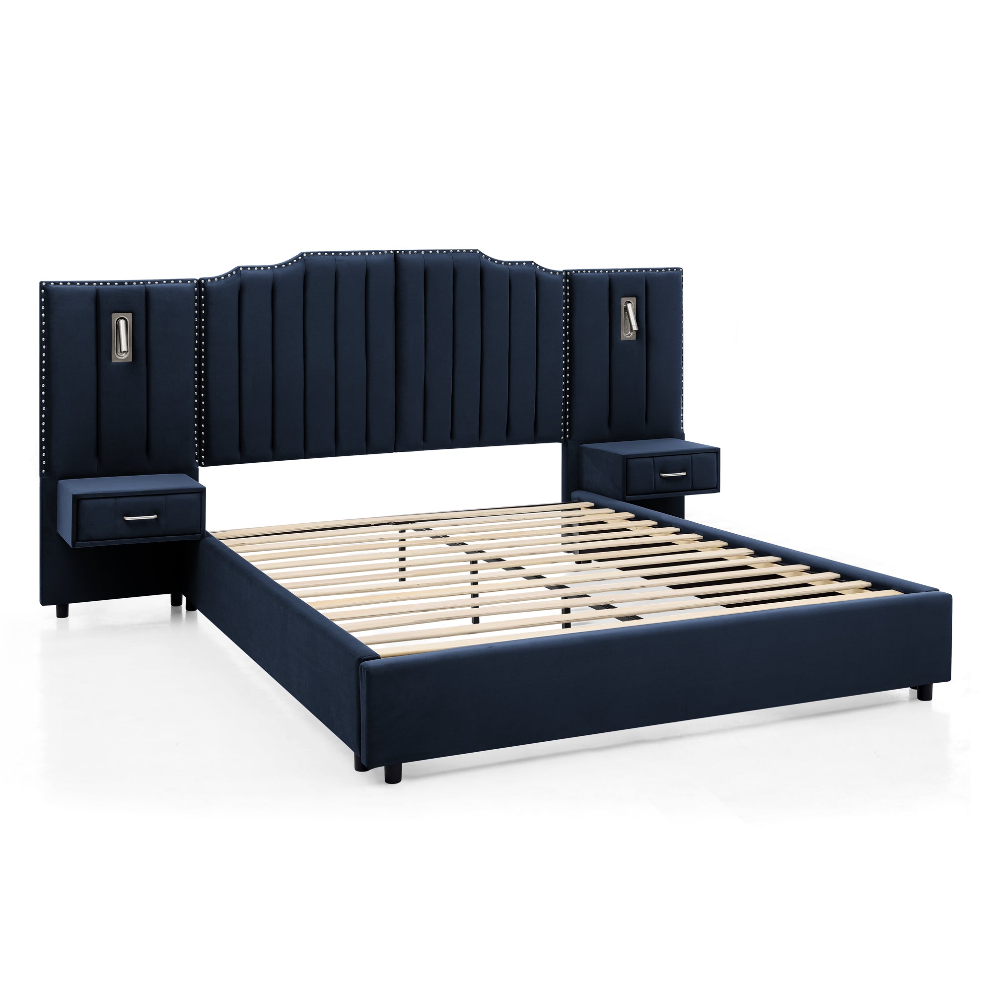 Angled view of queen velvet bed frame with vertical tufted headboard, slatted base, and attached nightstands with lighting.