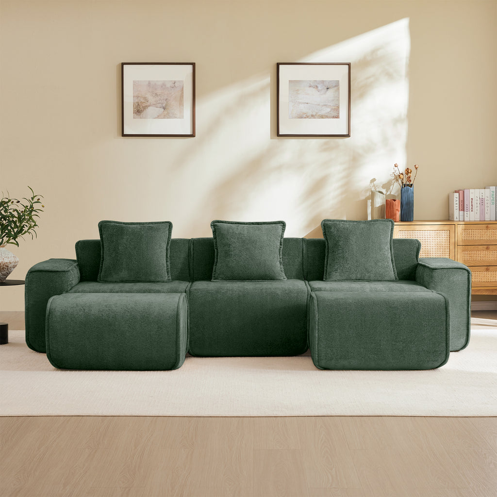 Front view of Velvet Modular U Shape Sofa - 3 Seats with Pillows, showcasing its plush green velvet upholstery and no-assembly design.