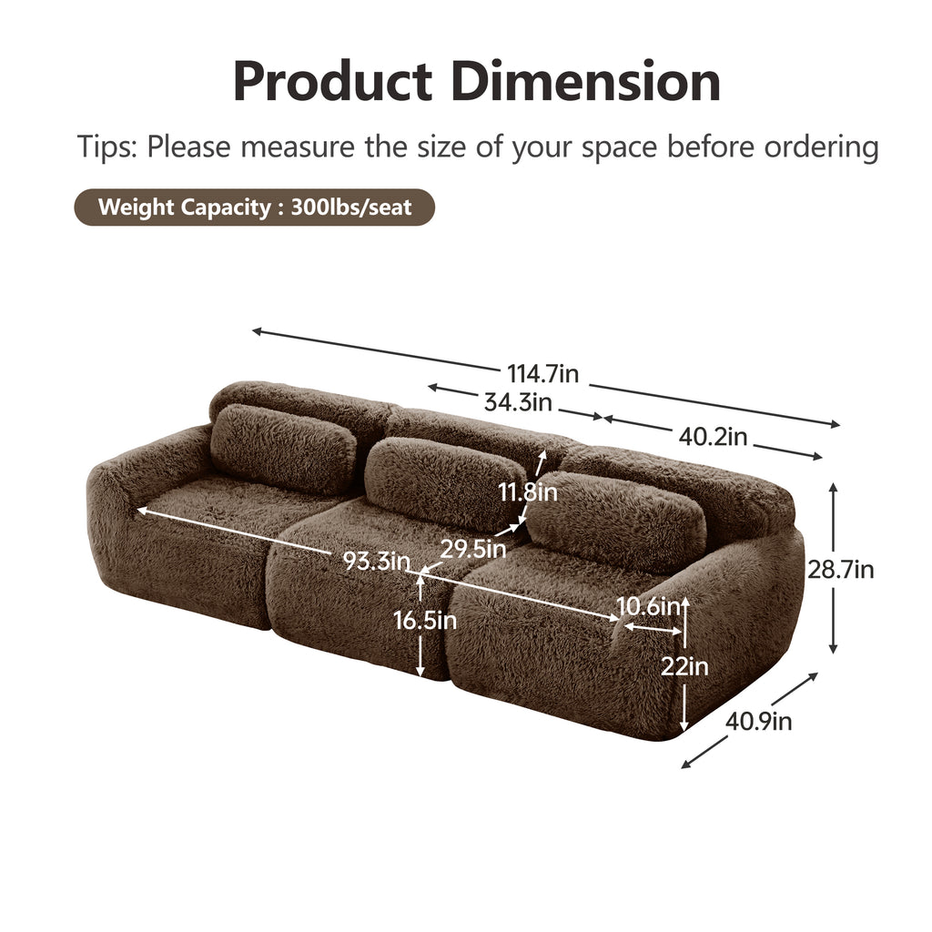 114'' modular sofa in chocolate plush fabric with detailed dimensions and weight capacity of 300 lbs per seat. No assembly required.