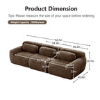 114'' modular sofa in chocolate plush fabric with detailed dimensions and weight capacity of 300 lbs per seat. No assembly required.