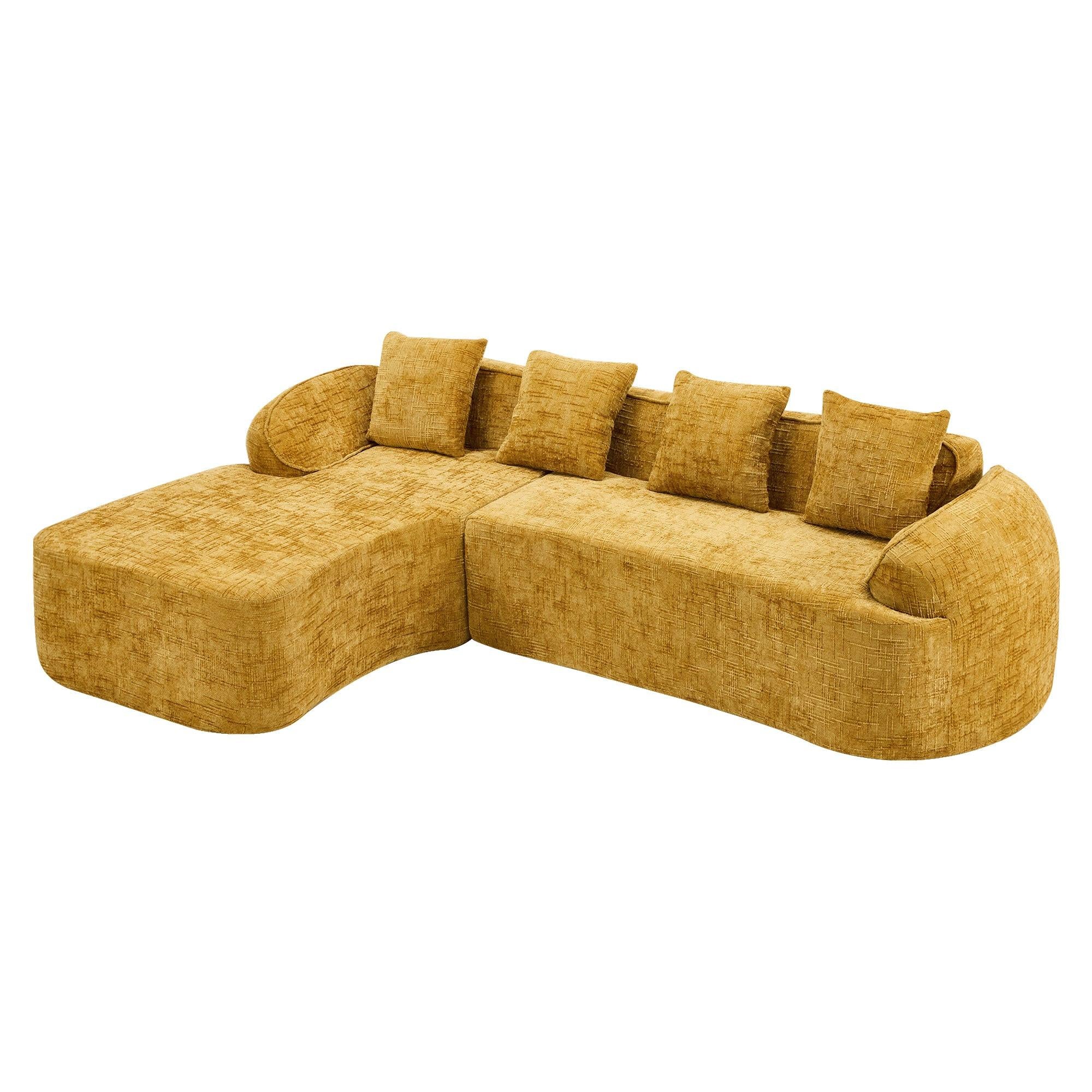 Angled view of yellow chenille L-shaped sofa with curved lines and soft cushions, perfect for stylish and versatile living rooms.