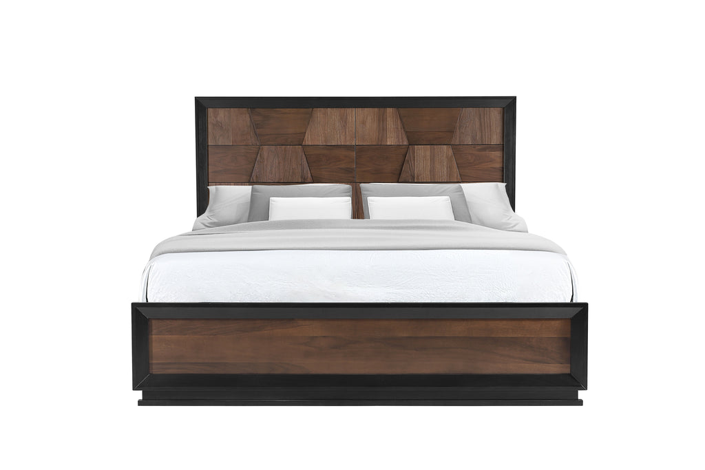 Front view of Houston Queen Bed - Walnut Frame featuring a bold geometric walnut headboard and matching footboard in a traditional style.