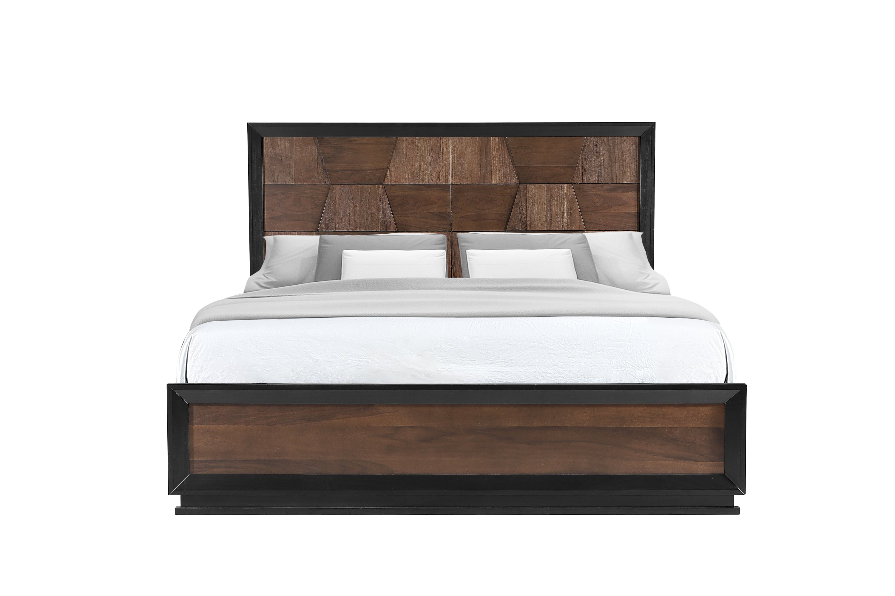 Front view of Houston Queen Bed - Walnut Frame featuring a bold geometric walnut headboard and matching footboard in a traditional style.