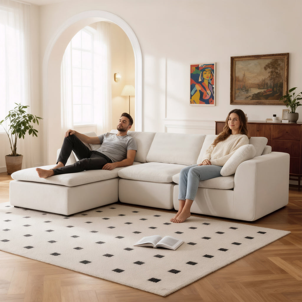L-Shaped Sectional Sofa - Modern Corduroy Couch in a cozy living room with couple seated, showcasing comfort and elegant design.