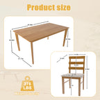 Dimensions of solid wood dining table and chairs with 275 lbs weight capacity. Includes detailed measurements for table and chair sizes.