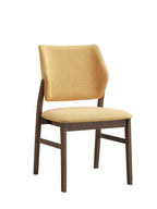 Sarha Dining Set yellow upholstered chair with walnut wood frame, combining comfort and mid-century style.