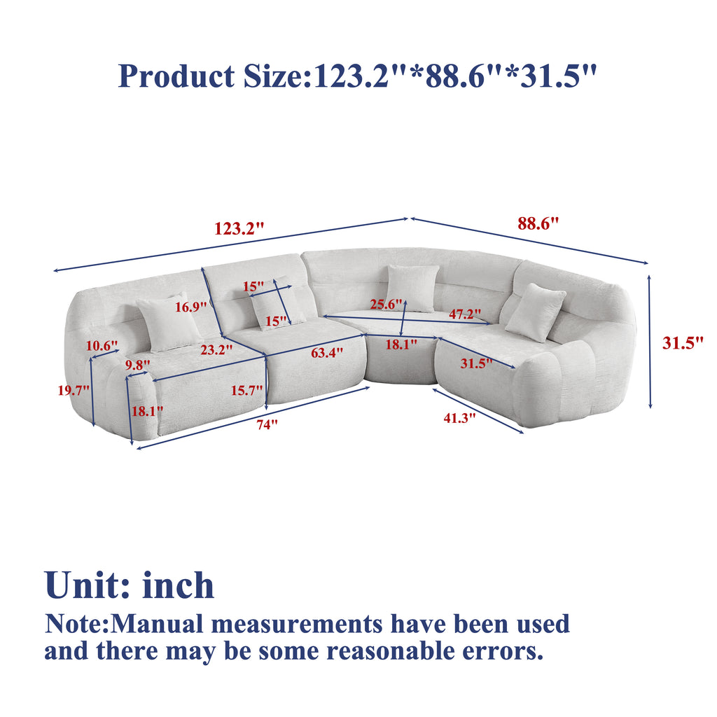 Dimension chart of Modern Black Modular Sofa - 123.2 x 88.6 x 31.5 inches, showing detailed measurements for each section and seat depth.