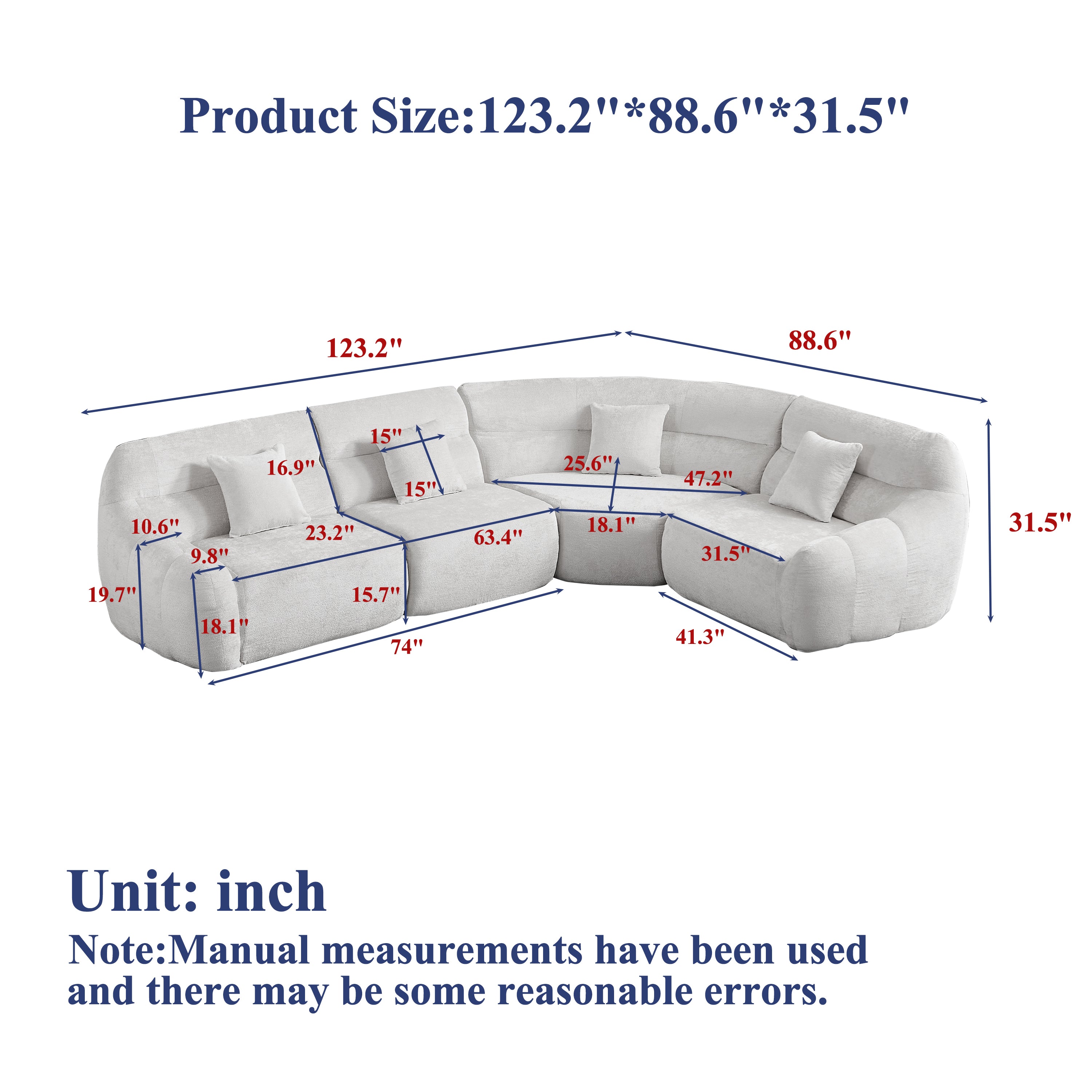 Dimension chart of Modern Black Modular Sofa - 123.2 x 88.6 x 31.5 inches, showing detailed measurements for each section and seat depth.