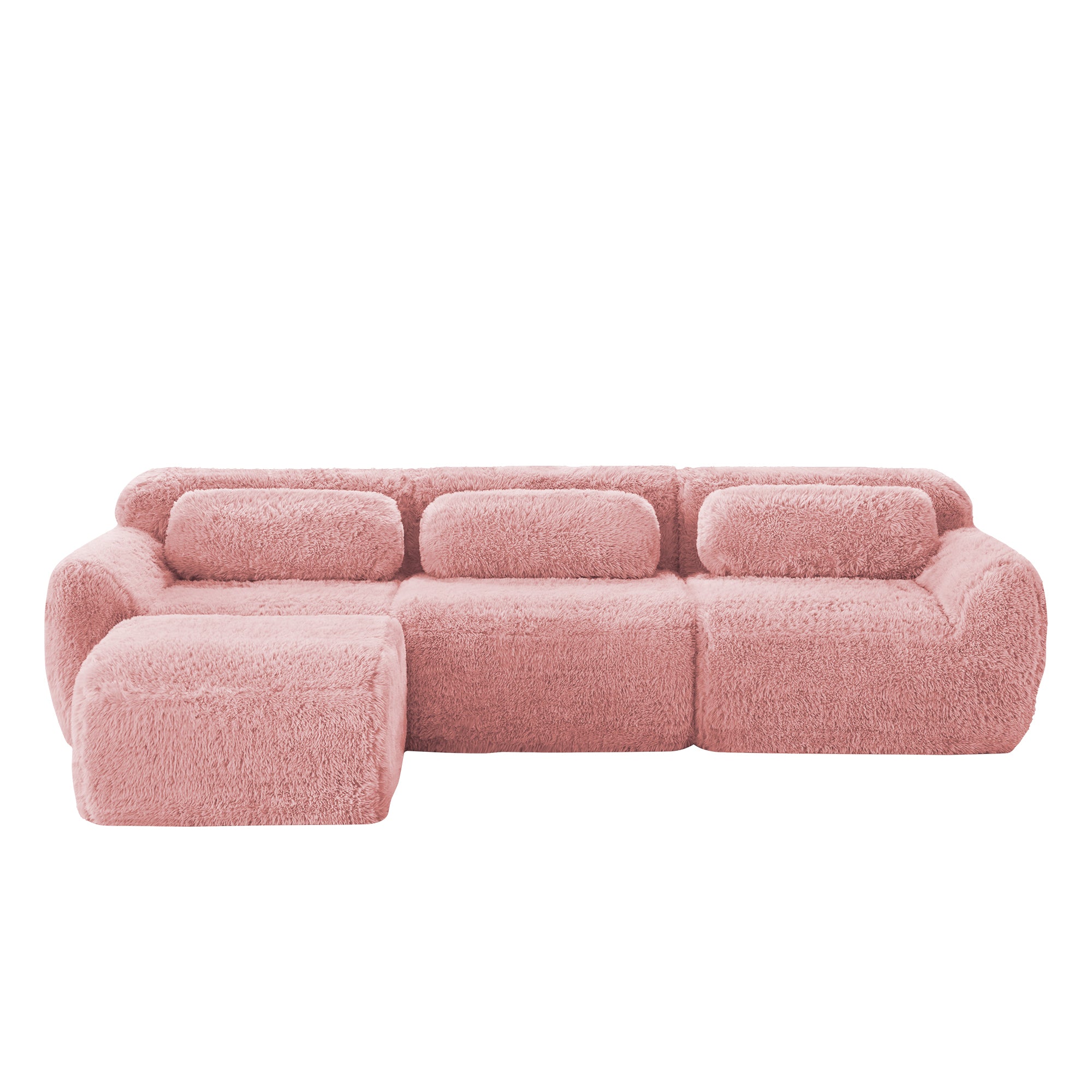 Pink plush modular sofa with ergonomic backrests and movable ottoman, no assembly needed, ideal for cozy living room setups.