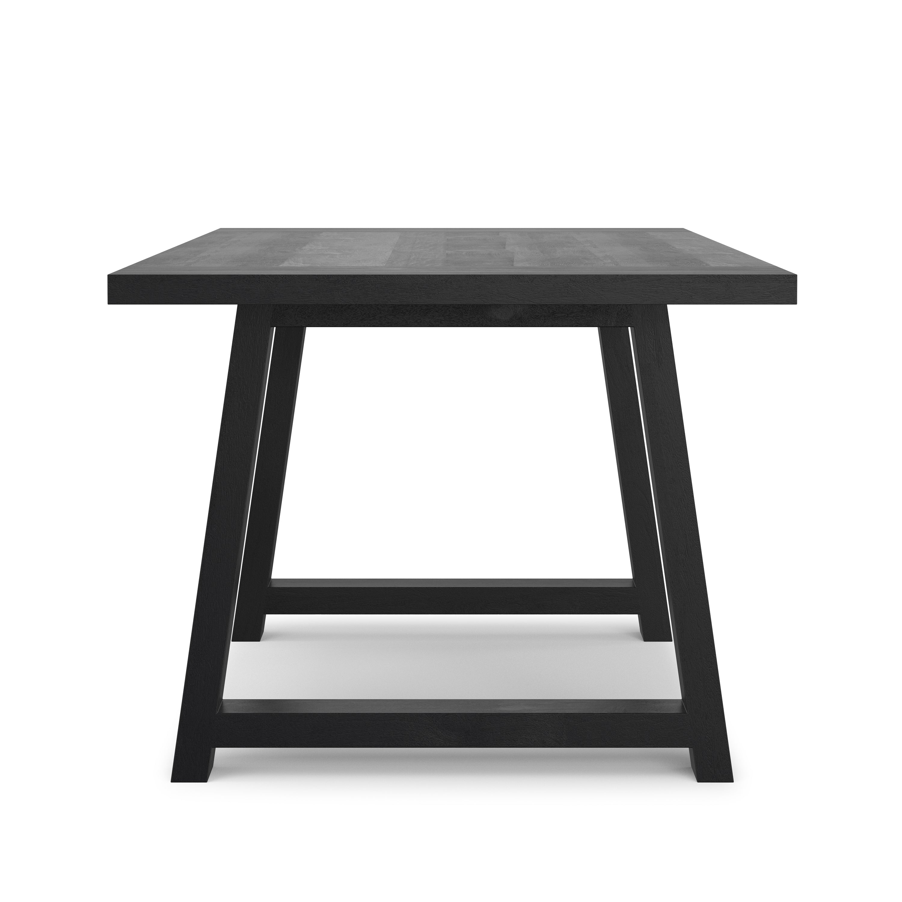 Side profile of Whitley Black Wooden Dining Table highlighting its thick tabletop and angled trestle legs.