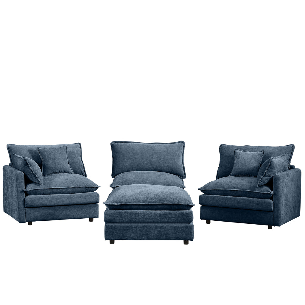 Modern Modular Sectional Sofa, 102 Inch L-Shaped Couch with Movable Ottoman, Blue Chenille Upholstery