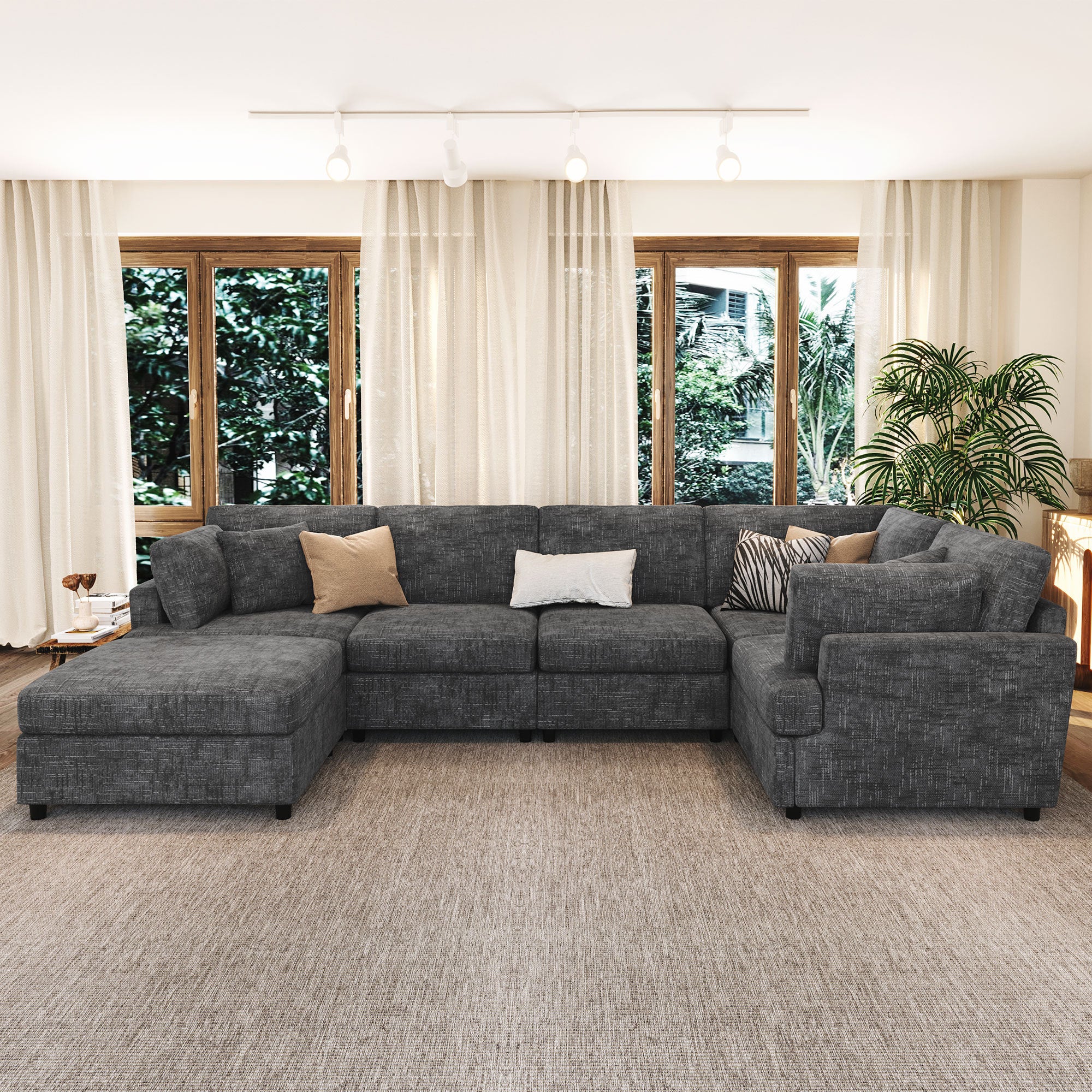 Modular Convertible U-Shaped Sectional Sofa with plush cushions and movable ottoman, ideal for large living spaces and modern interiors.