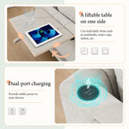 Close-up of liftable side table and dual-port charging feature on modular sectional sofa, ideal for tablets and smartphones.