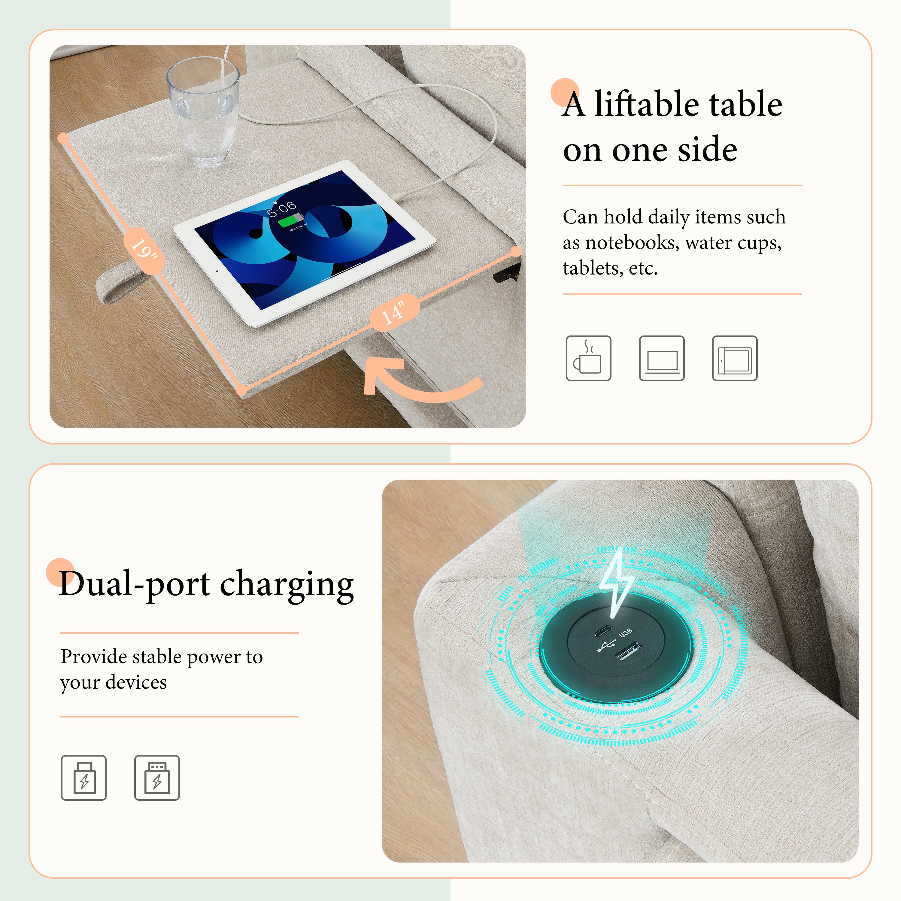 Close-up of liftable side table and dual-port charging feature on modular sectional sofa, ideal for tablets and smartphones.