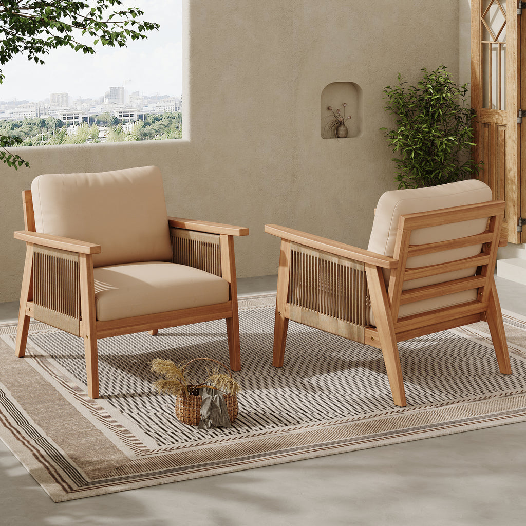 Set of two outdoor patio chairs featuring natural acacia wood frames, woven rope side panels, and plush beige cushions.