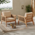 Set of two outdoor patio chairs featuring natural acacia wood frames, woven rope side panels, and plush beige cushions.