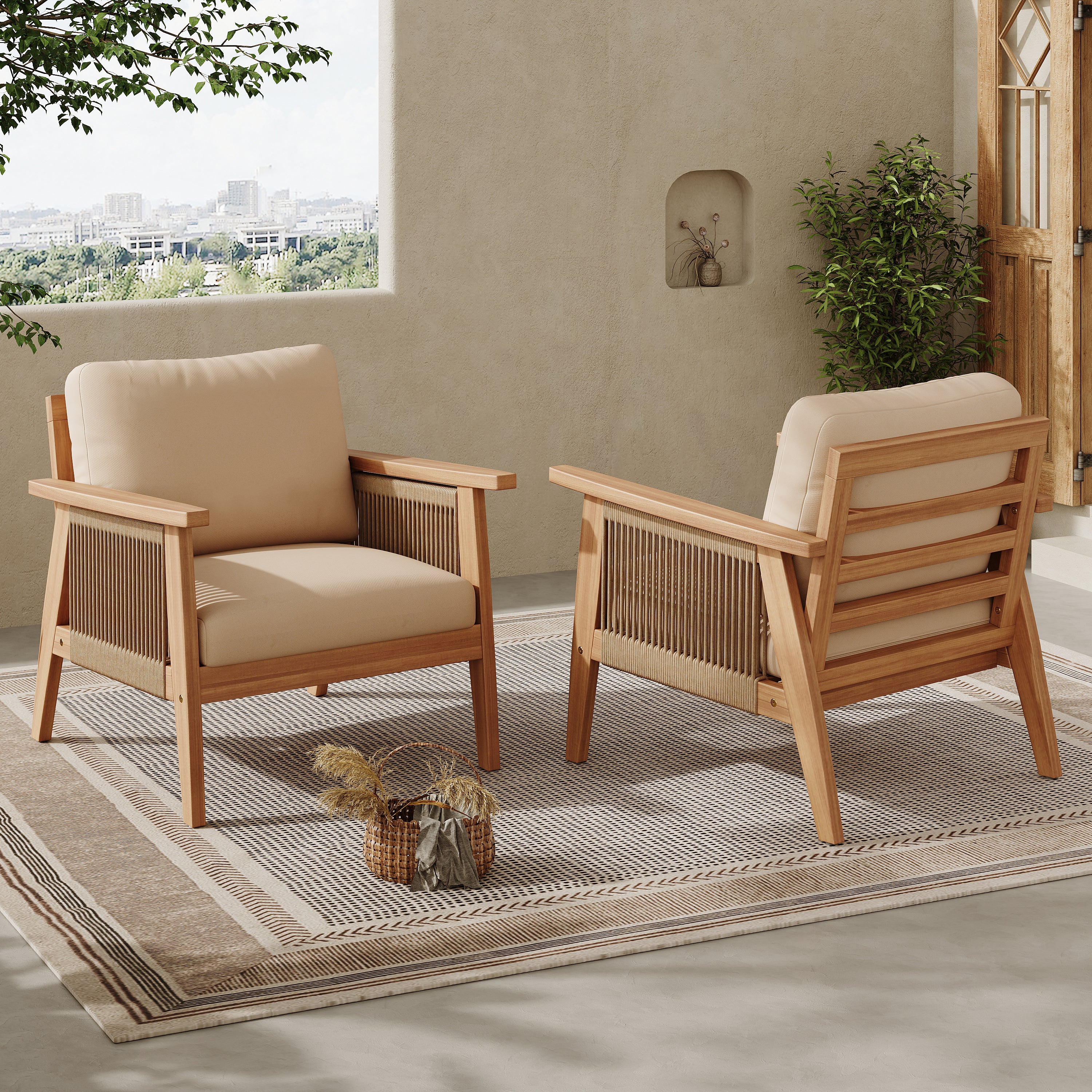 Set of two outdoor patio chairs featuring natural acacia wood frames, woven rope side panels, and plush beige cushions.
