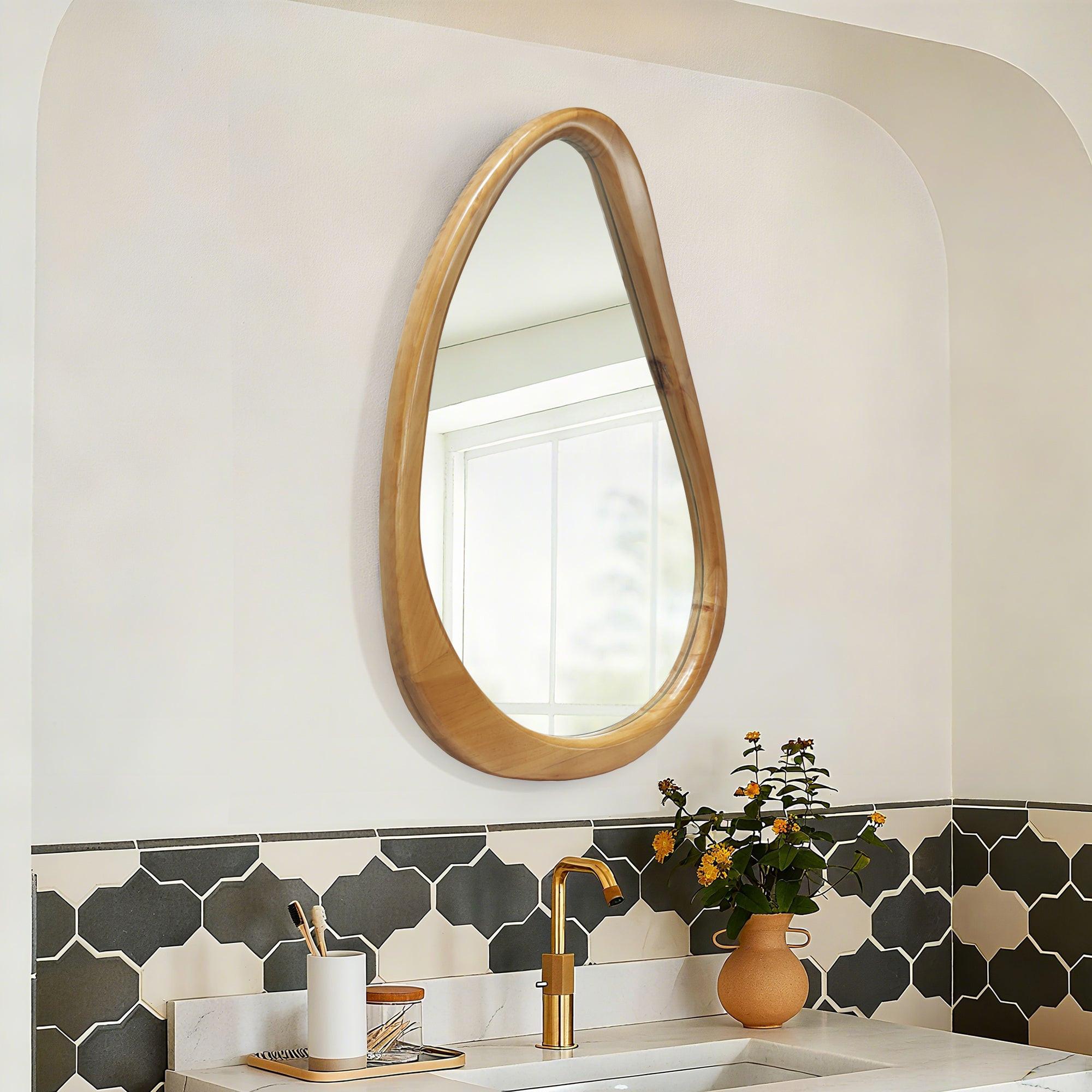 Teardrop Wooden Wall Mirror for Modern Home Decor.