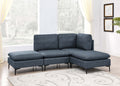 Modern navy blue linen modular sectional sofa featuring plush cushions and sleek black metal legs in a bright living room.