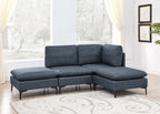 Modern navy blue linen modular sectional sofa featuring plush cushions and sleek black metal legs in a bright living room.