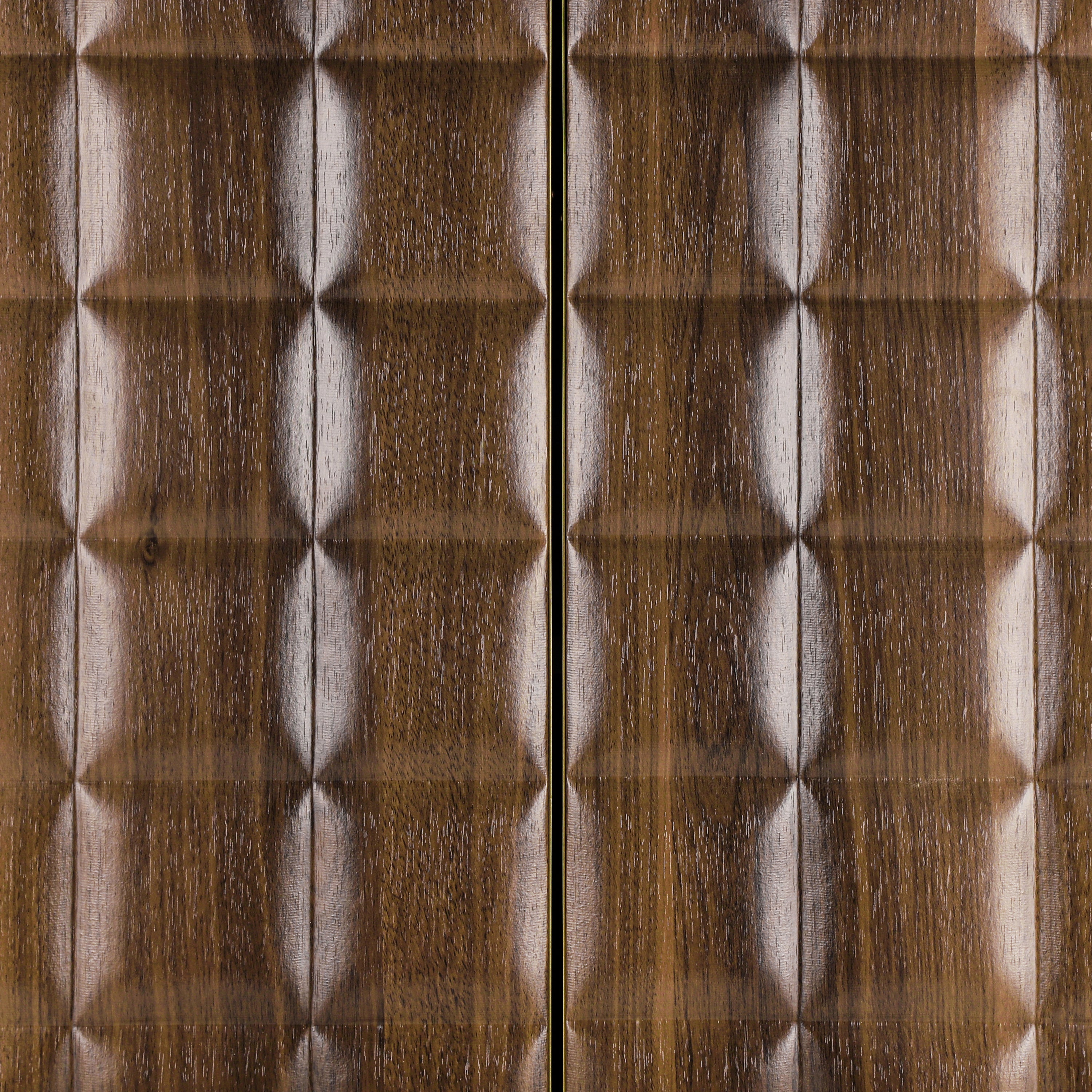 Detailed view of geometric door texture on 4-door storage cabinet, showcasing modern design with rich wood grain finish.