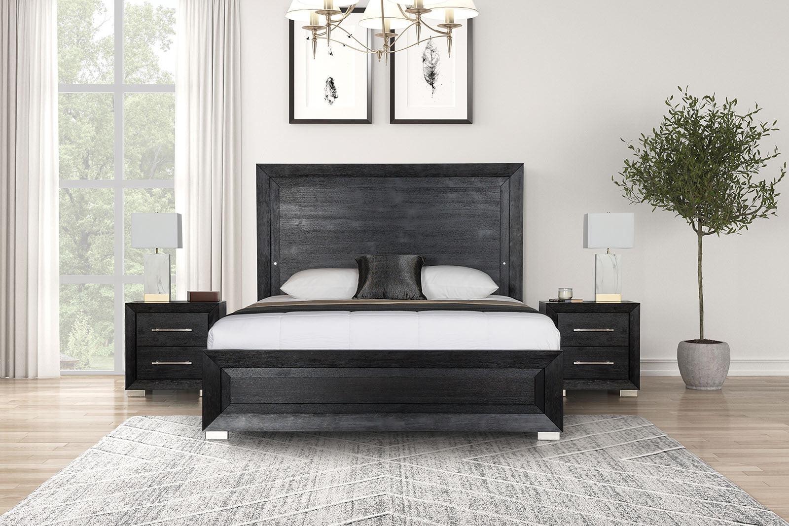 Black Contemporary Nightstand with Chrome Legs and USB Ports.
