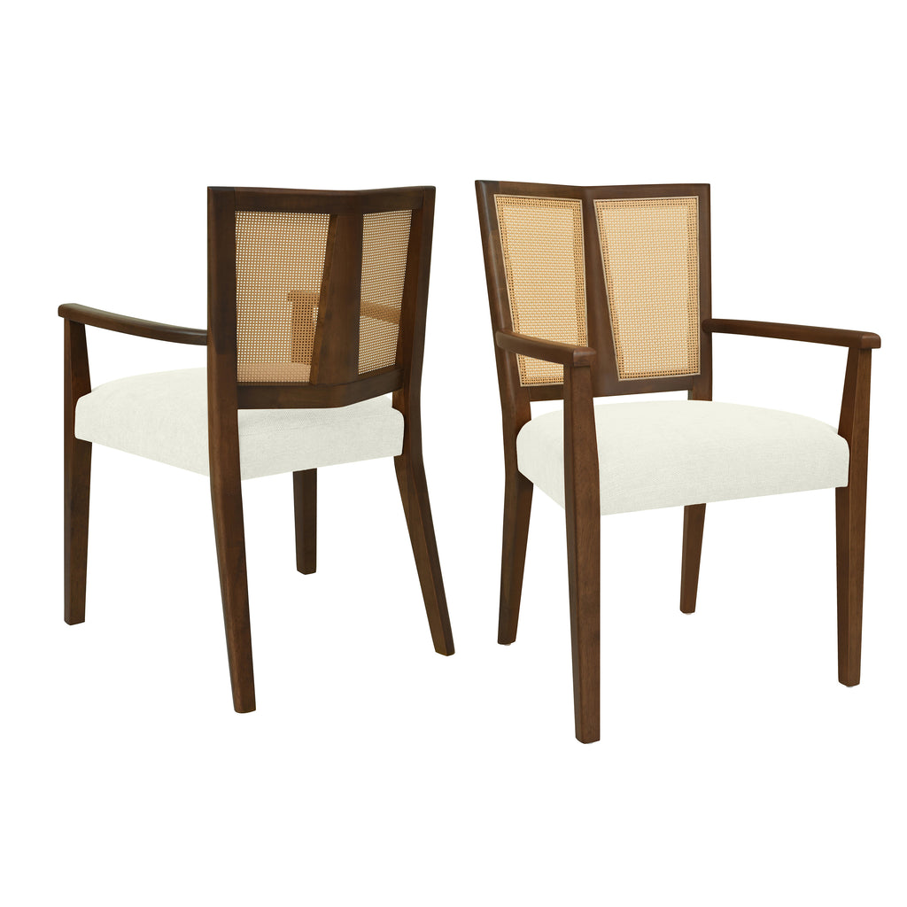 Set of 2 Mid-Century Rattan Dining Chairs with white cushioned seats and wooden frames, showcasing elegant rattan backrests.