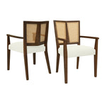Set of 2 Mid-Century Rattan Dining Chairs with white cushioned seats and wooden frames, showcasing elegant rattan backrests.