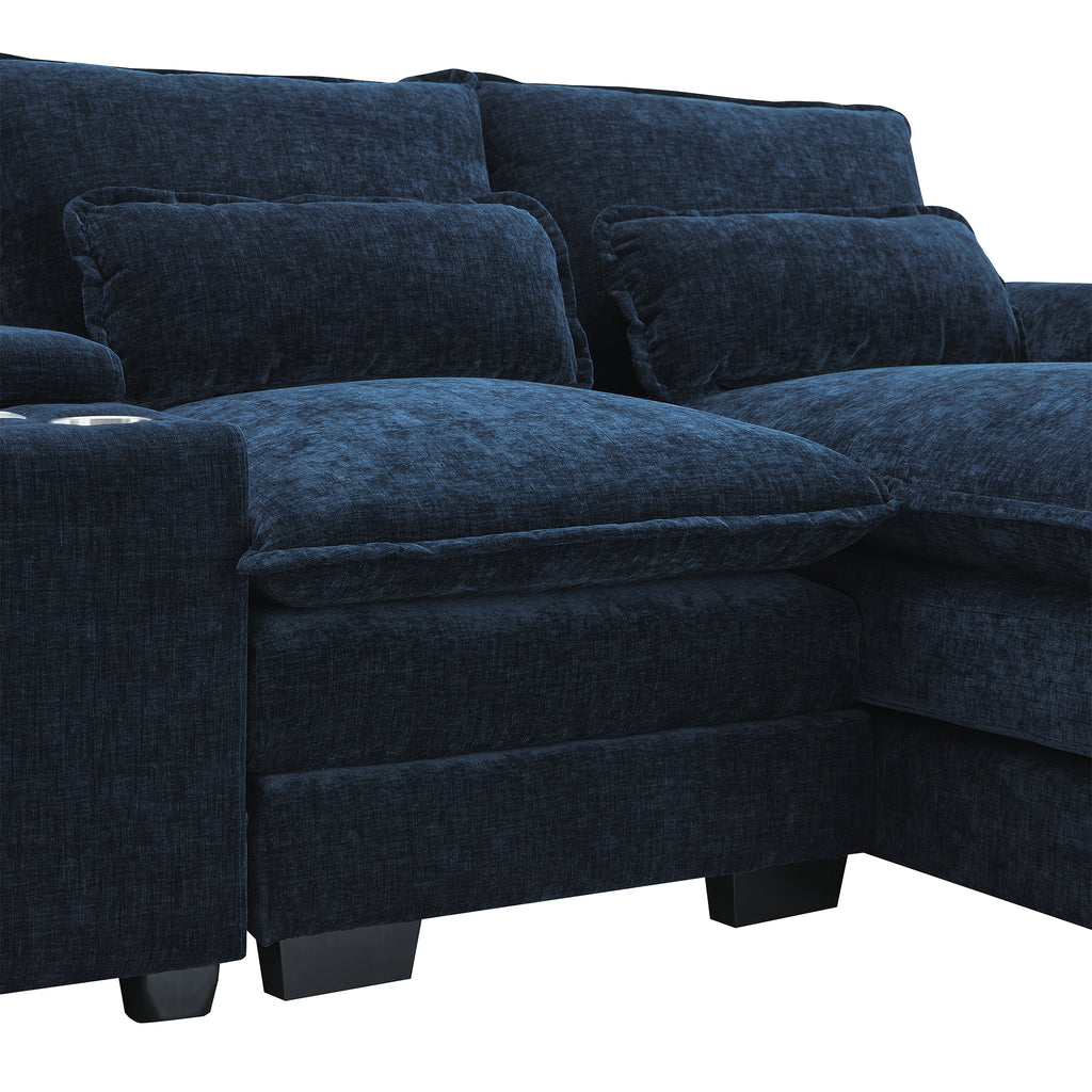Side view of U-shaped sectional sofa with USB charger, showing thick armrests, plush back cushions, and durable wooden legs.