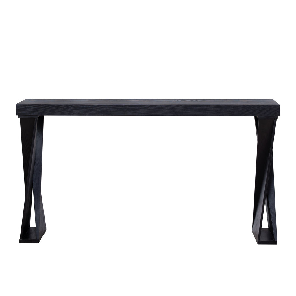 Front view of modern black console table with narrow depth and crossed legs, ideal for small entryways or living rooms.