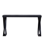 Front view of modern black console table with narrow depth and crossed legs, ideal for small entryways or living rooms.