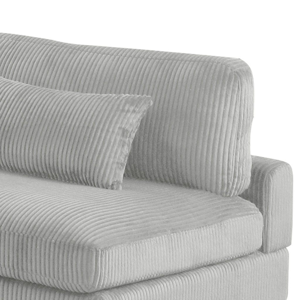 Detail of Bentley Modular Sectional Sofa backrest and seat in gray corduroy, emphasizing plush texture and modern comfort.
