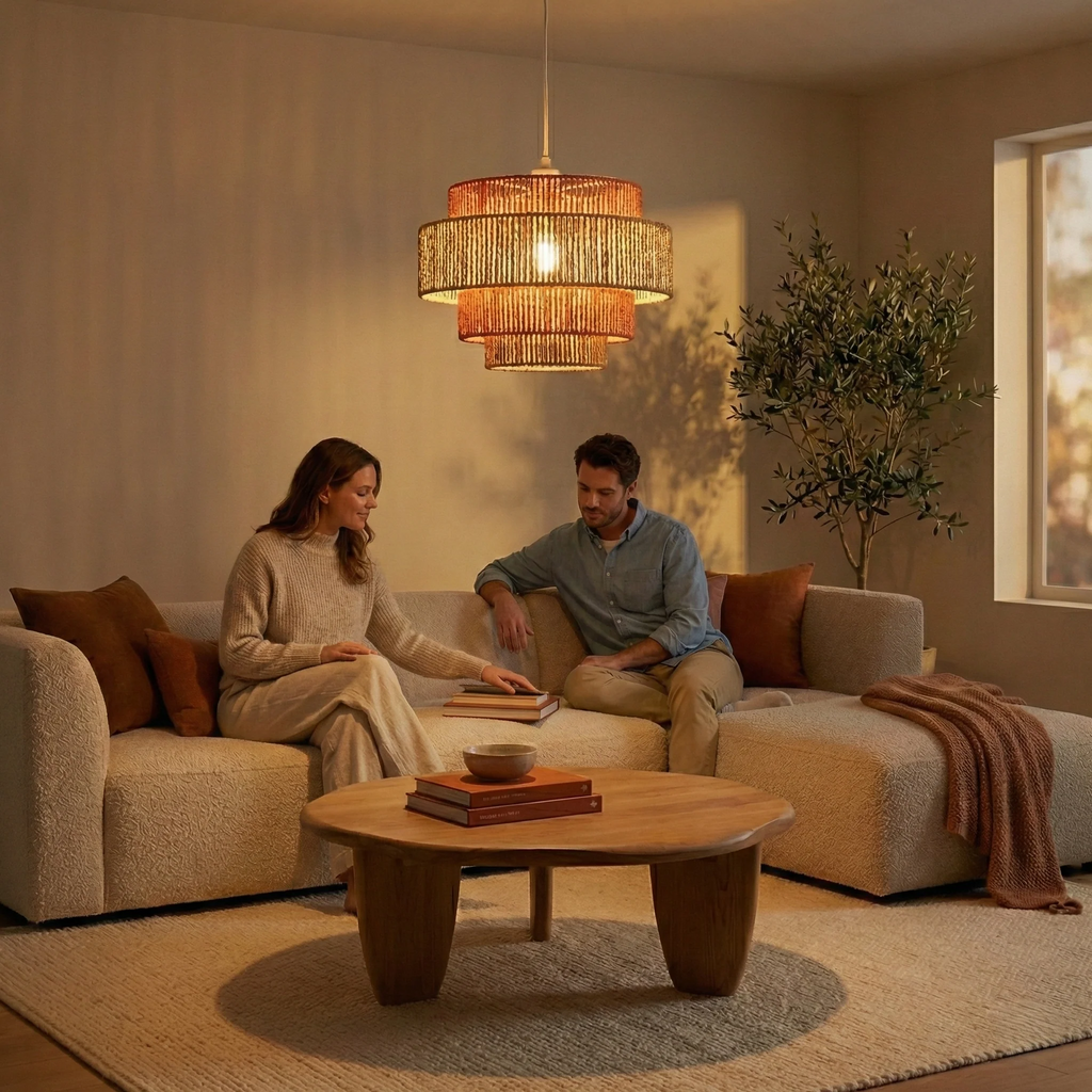 Tiered, woven terracotta and natural fiber pendant lamp hanging above a couple on a sofa in a warm, modern living room.