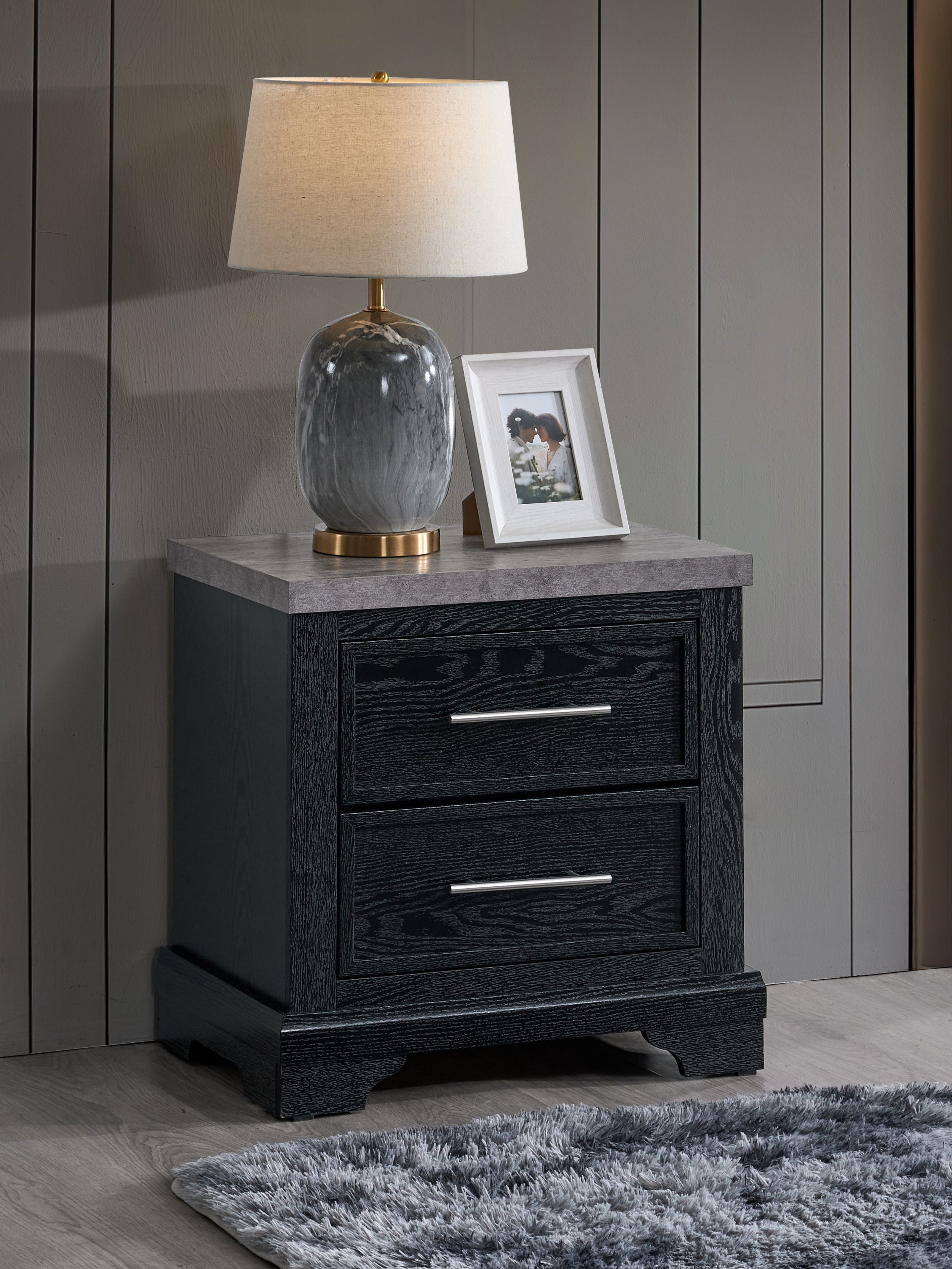 Modern 2-Drawer Black Wood Nightstand with Faux Granite Top