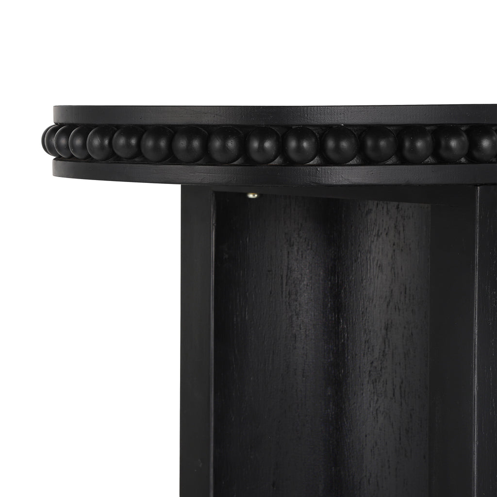 Close-up of Mirod Console Table's vintage beaded trim in black finish, showcasing its elegant craftsmanship and classic detailing.
