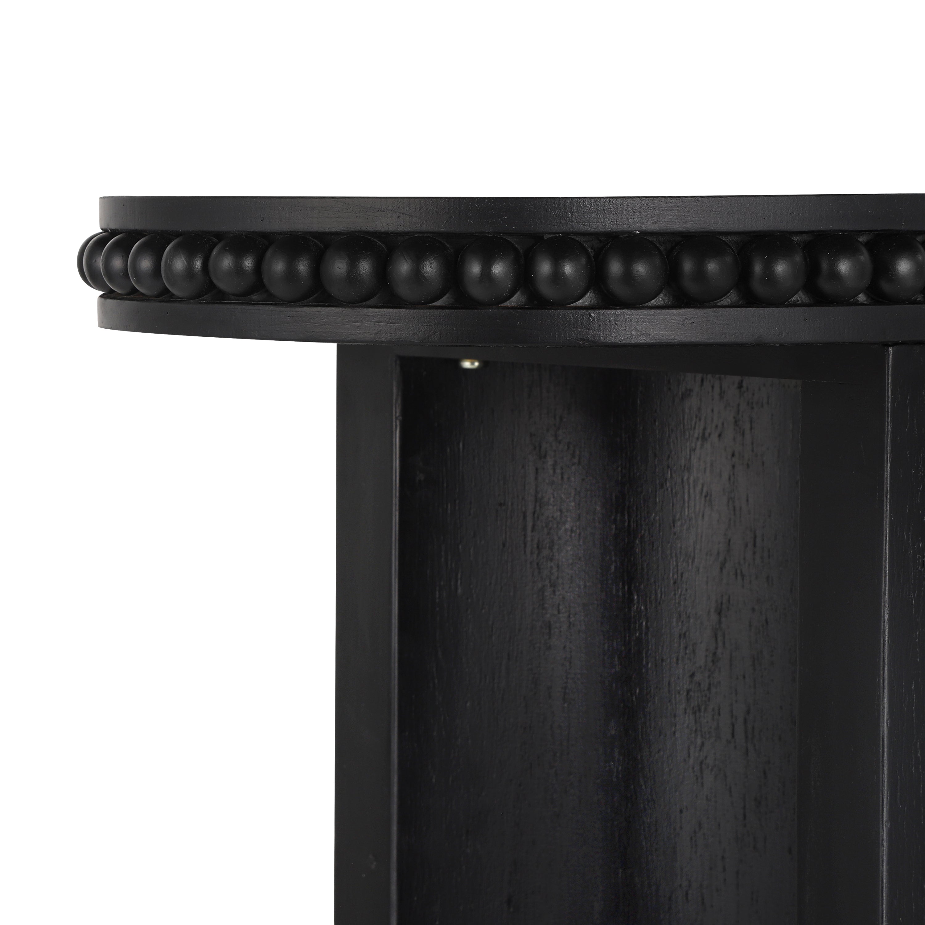 Close-up of Mirod Console Table's vintage beaded trim in black finish, showcasing its elegant craftsmanship and classic detailing.