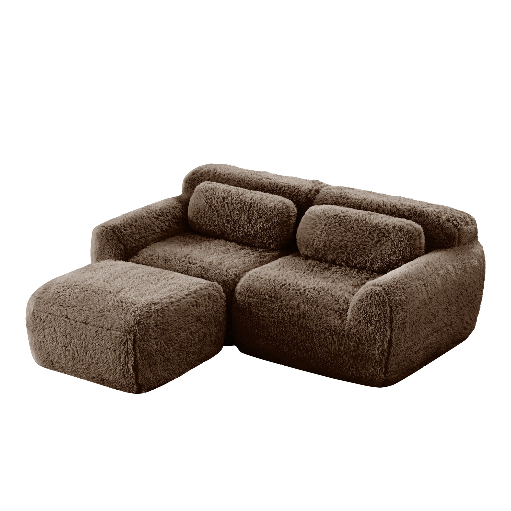 L-shaped modular sofa in plush chocolate fabric with ergonomic design and no assembly required. Features soft, rounded edges and a non-slip base.