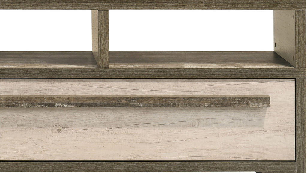 Close-up of modern wood TV stand drawer and shelf detailing, highlighting wood grain texture and handle design.