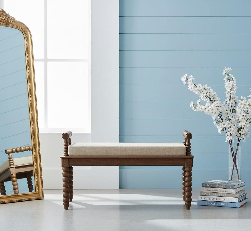 Solid Wood Amber Oak Mud Linen Bench for Living Space.