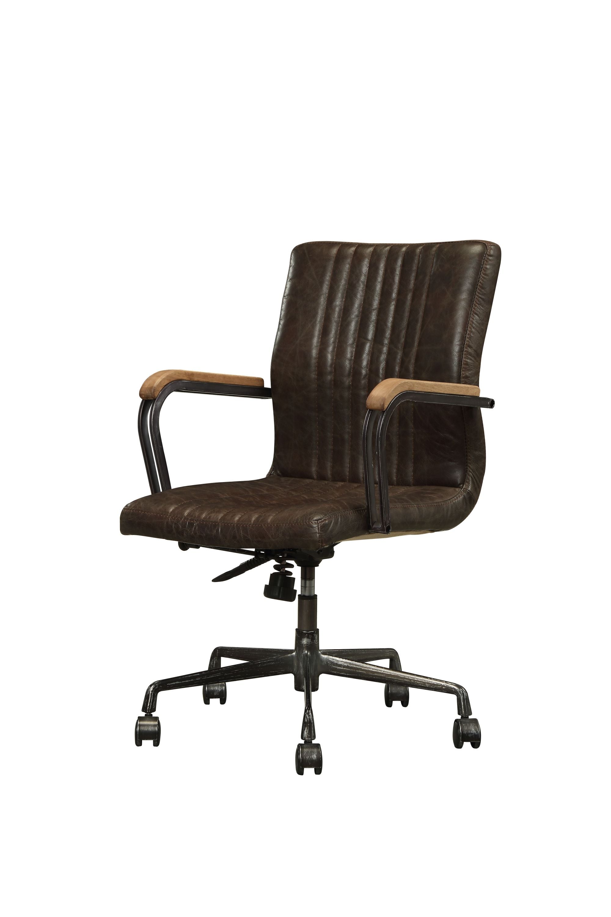 Top Grain Leather Adjustable Chair featuring high back, swivel base, and wooden armrests, ideal for executive office use.
