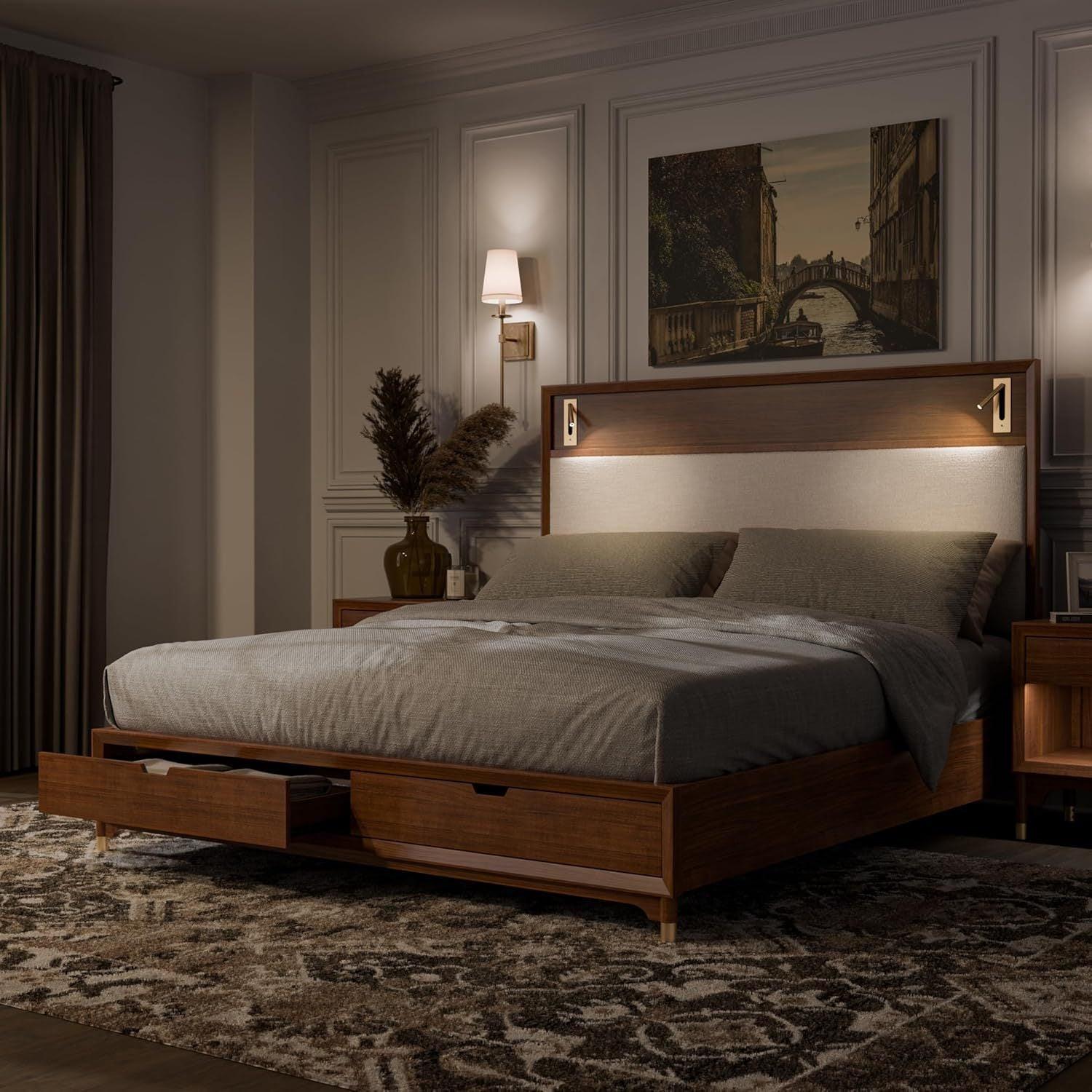 Mid-Century Modern Queen Size Bed with Storage Drawers.