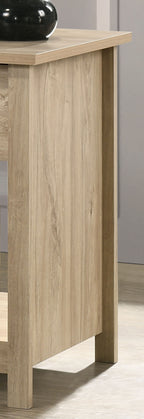 Side panel detail of Light Oak Nightstand with Drawer - Celeste 20' highlighting natural wood grain finish. Durable and modern design.