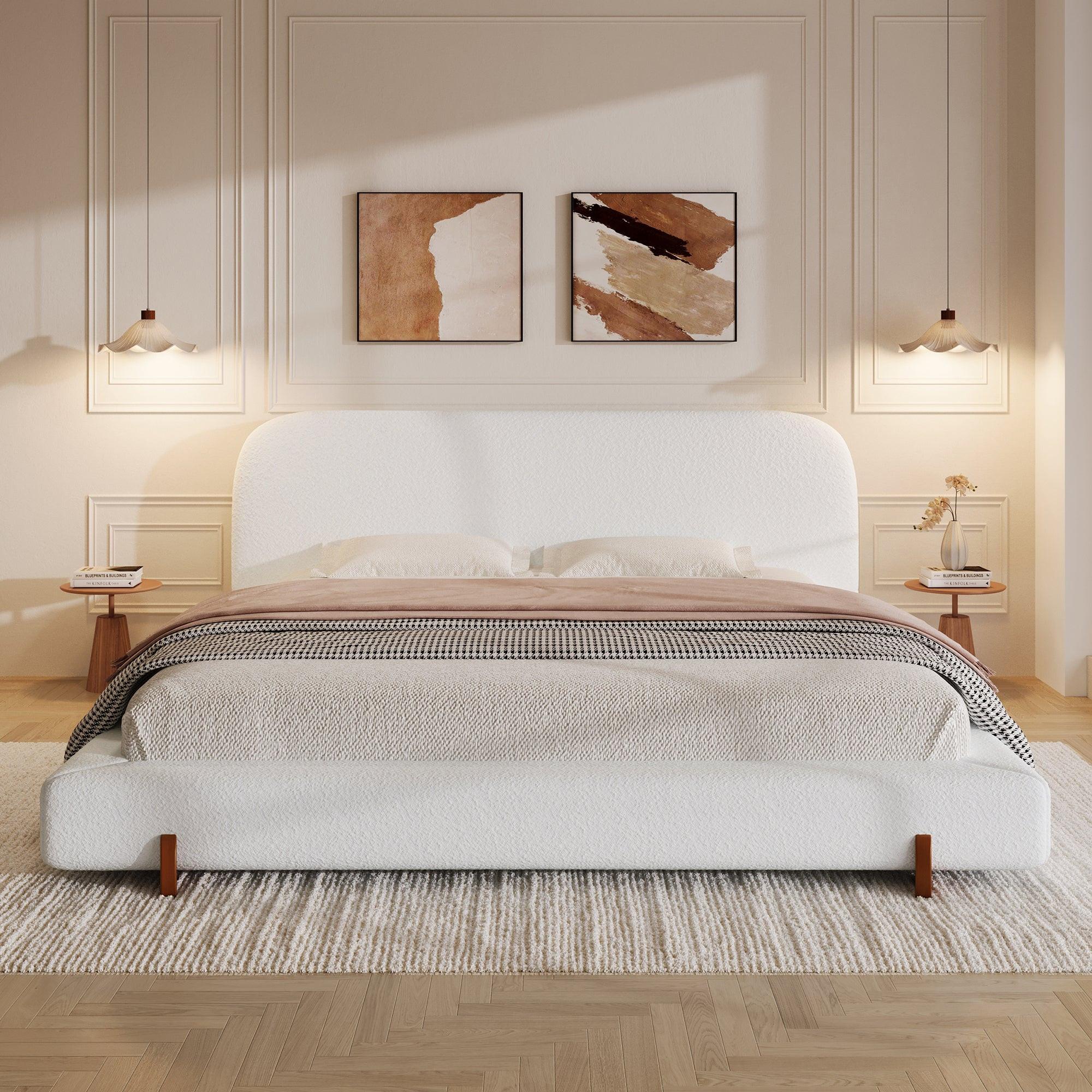 California King White Fabric Upholstered Bed Frame.
