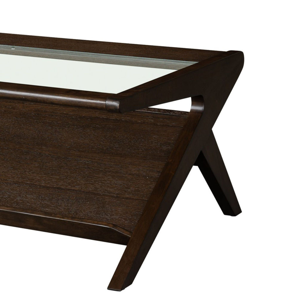 Mid-century modern coffee table in Morocco Brown with tempered glass top and angled wood legs, ideal for stylish living room storage.