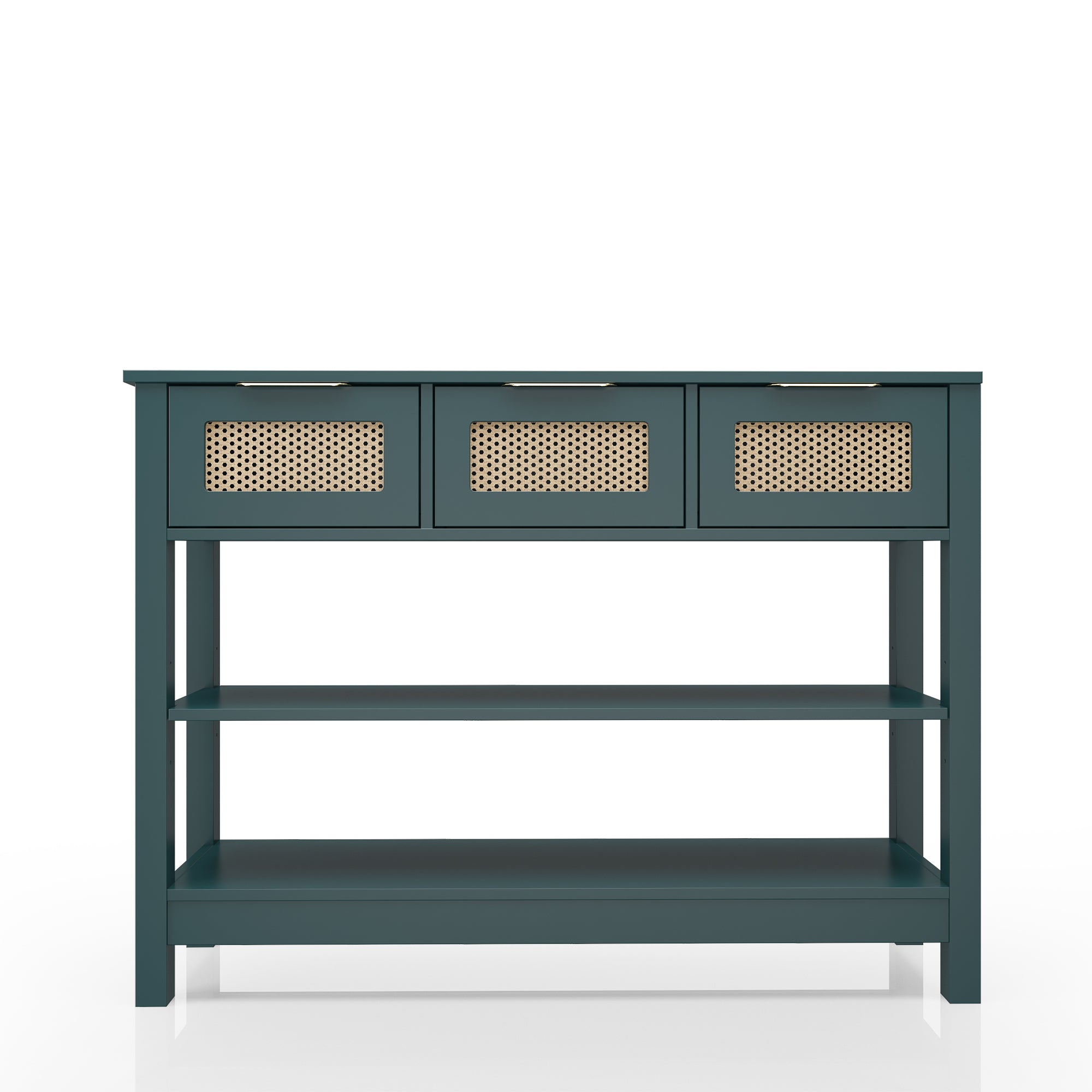 Farmhouse console table with 3 rattan-front drawers and 2 open MDF shelves in teal finish. Ideal for stylish entryway storage and decor.