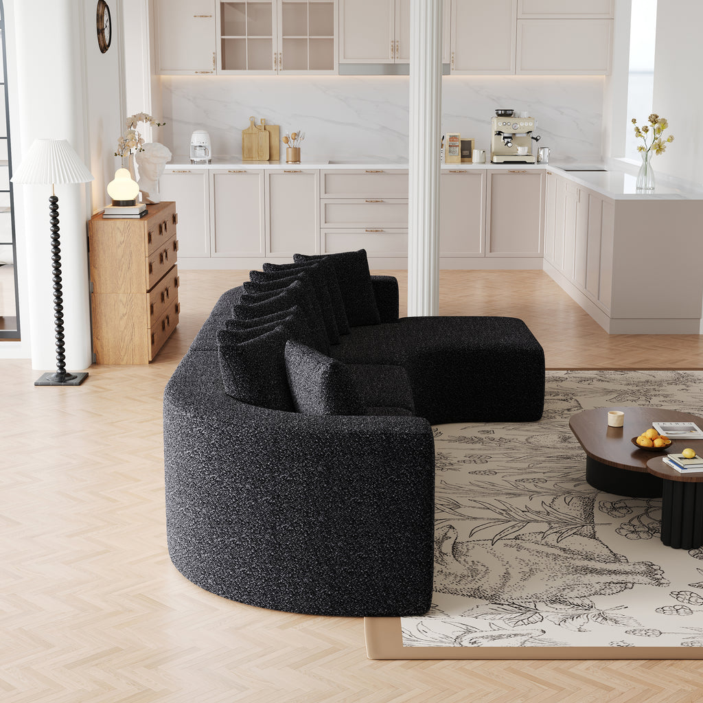 Chenille Sectional Sofa - Modular L-Shaped Sofa side angle showing curved design and 10 pillows, ideal for modern and minimalist interiors.