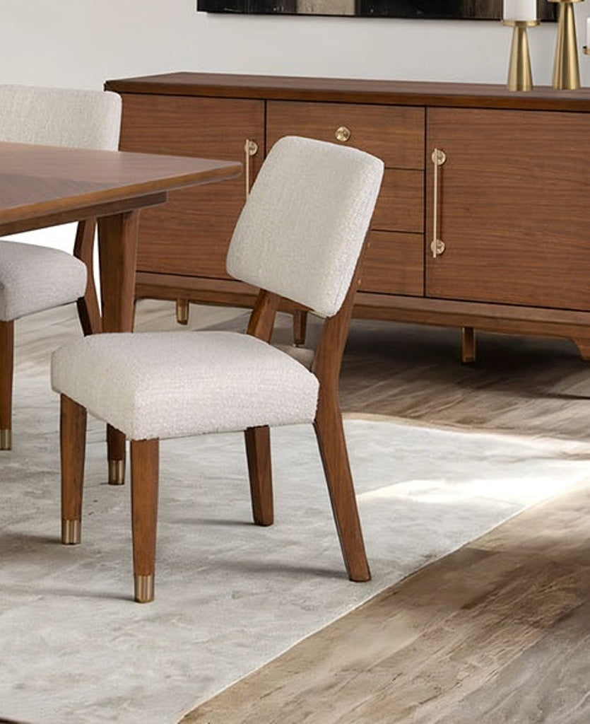 2pc Side Chair - Mid-Century Modern | Walnut, Gold-Leg placed beside a walnut dining table, showcasing curved backrest and textured fabric.