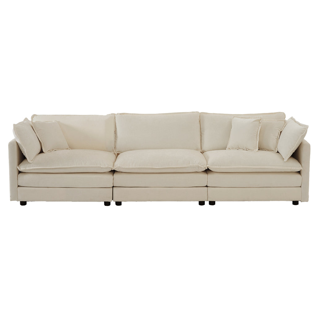 Front view of full 3-seat beige chenille sectional sofa. Features thick cushions and multiple pillows for enhanced comfort.