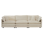 Front view of full 3-seat beige chenille sectional sofa. Features thick cushions and multiple pillows for enhanced comfort.